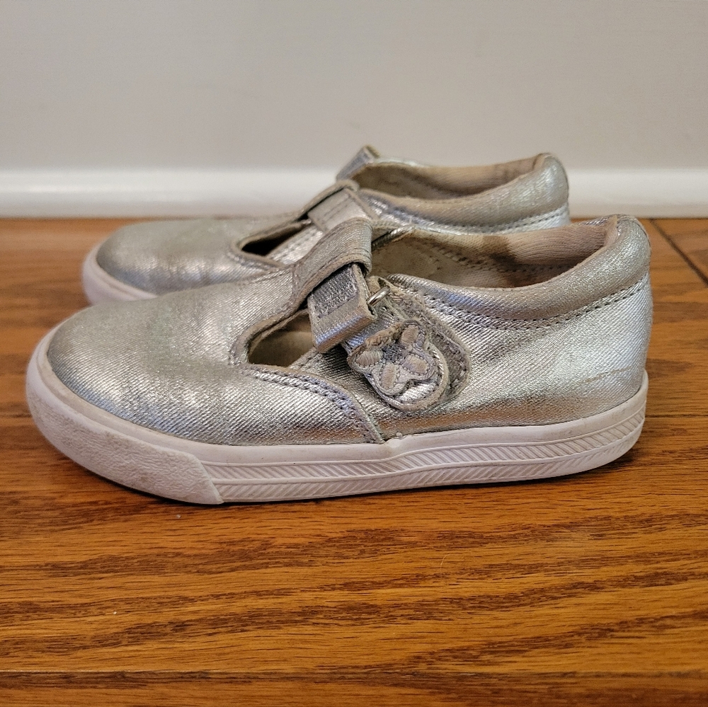 Keds Girls Daphne T-Strap Mary Jane Shoes Hook Loop Silver Leather Toddler Sz 7